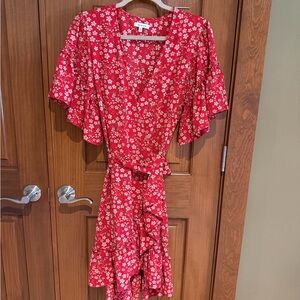 Max Studio Red Floral Shift Dress with Cream and Brown Accents